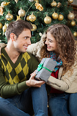 Image showing Couple With Present Sitting Against Christmas Tree