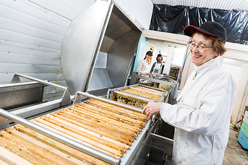 Image showing Happy Beekeeper Working On Honey Extraction Machine