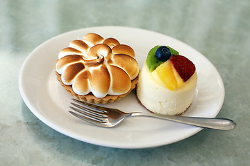 Image showing Cake and fork on a plate.