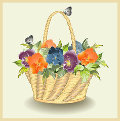 Image showing Greeting card with a basket with pansies.