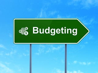 Image showing Finance concept: Budgeting and Calculator on road sign background