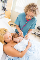 Image showing Nurse Examining Babygirl With Stethoscope In Hospital