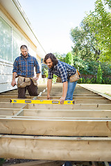 Image showing Workers Examining Level Of Wood At Site