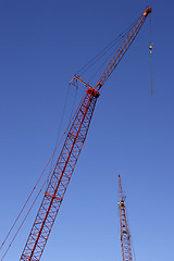 Image showing Construction cranes against blue sky
