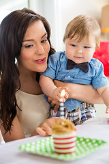 Image showing Mother With Birthday Boy At Home