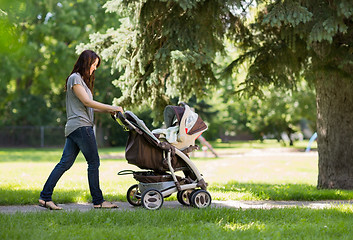 Image showing Mother Pushing Baby Carriage In The Park