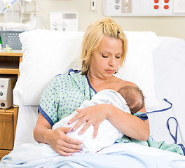 Image showing Woman Breast Feeding Newborn Babygirl In Hospital