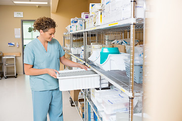 Image showing Nurse Arranging Container On Shelf In Storage Room