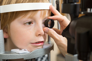 Image showing Optician's Hand Examining Boy's Retina
