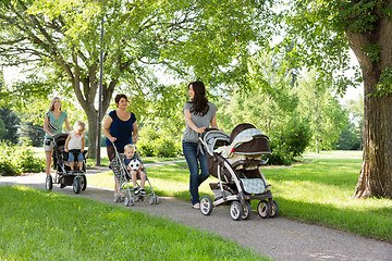 Image showing Mothers With Baby Carriages Walking In Park