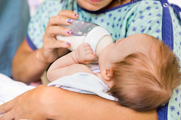 Image showing Mother Feeding Milk From Bottle To Newborn Baby