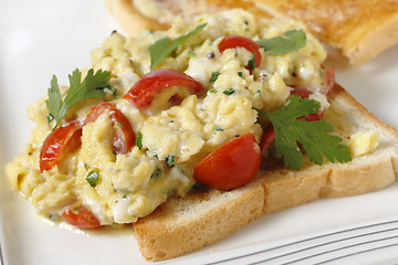 Image showing Srambled egg and tomato closeup