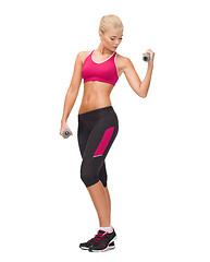 Image showing young sporty woman with light dumbbells