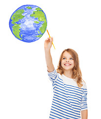 Image showing cute little girl drawing with brush planet earth