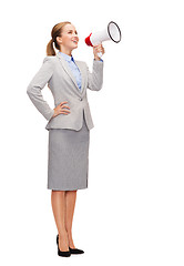 Image showing smiling businesswoman with megaphone