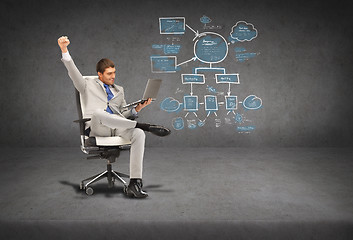 Image showing young businessman sitting in chair with laptop