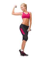 Image showing young sporty woman with light dumbbells