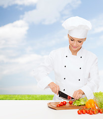 Image showing smiling female chef chopping vagetables