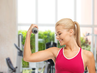 Image showing young sporty woman with light dumbbell