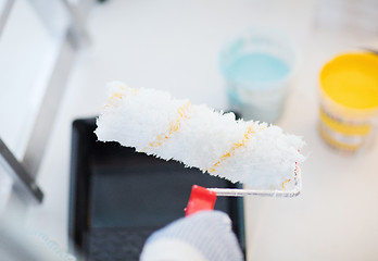 Image showing close up of male in gloves holding painting roller