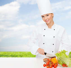 Image showing smiling female chef chopping vagetables