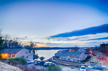 Image showing sunset over lake and residential area at lake wylie
