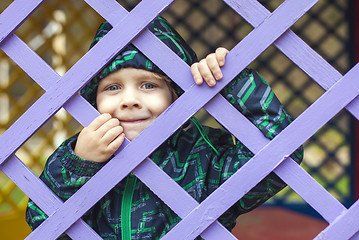 Image showing little baby boy  looking through blue fence