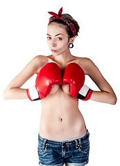 Image showing beautiful nude girl with boxing gloves