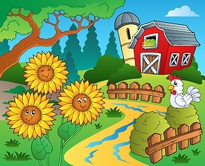 Image showing Farm theme with sunflowers