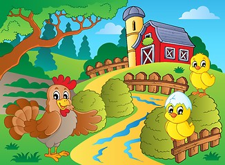 Image showing Farm theme with hen and chickens