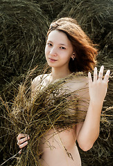Image showing beautiful sexy young nude woman on hay