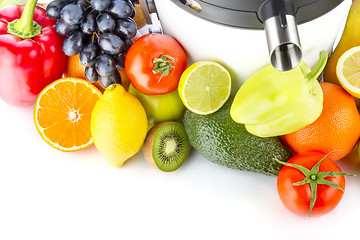 Image showing Juicing machine, fresh fruits and vegetables 
