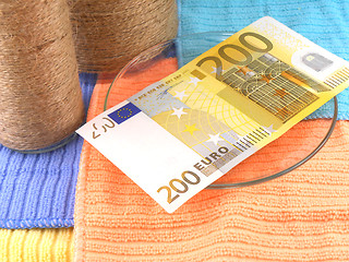 Image showing euro money set with vintage white bottle