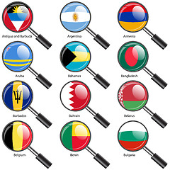 Image showing Set  Flags of world sovereign states magnifying glass. Vector il