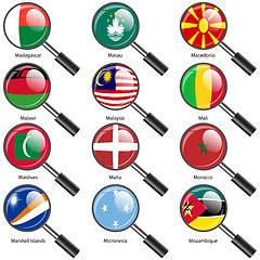 Image showing Set  Flags of world sovereign states magnifying glass. Vector il