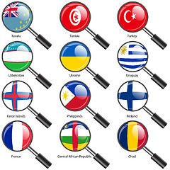 Image showing Set  Flags of world sovereign states magnifying glass. Vector il