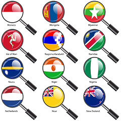 Image showing Set  Flags of world sovereign states magnifying glass. Vector il