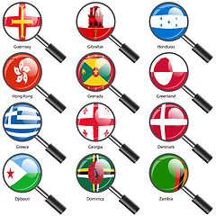 Image showing Set  Flags of world sovereign states magnifying glass. Vector il