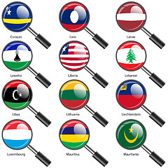 Image showing Set  Flags of world sovereign states magnifying glass. Vector il