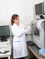 Image showing Scientist Analyzing Blood Sample For Coagulation Analysis