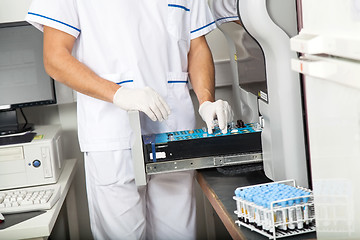 Image showing Scientist Loading Samples Into Analyzer