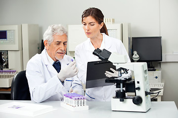 Image showing Scientist Reading Sample While Colleague Taking Notes