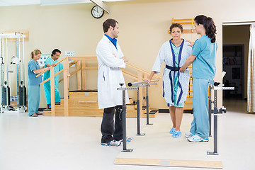 Image showing Physical Therapists Assisting Female Patient In Walking