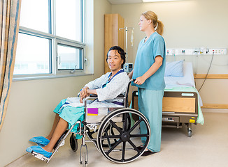 Image showing Patient On Wheel Chair With Nurse Standing Behind At Window