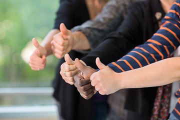 Image showing Multiethnic University Students Gesturing Thumbsup