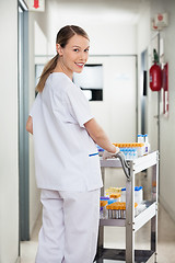 Image showing Lab Technician Pushing Medical Cart In Corridor