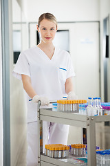 Image showing Technician Pushing Medical Cart In Hospital Corridor