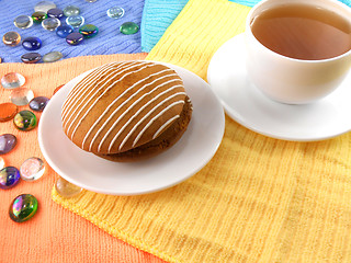 Image showing Breakfast with cake and cup of tea (coffee) and stone set