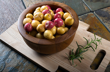 Image showing Bowl of small organic potatoes.