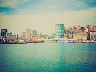 Image showing Retro look View of Genoa Italy from the sea